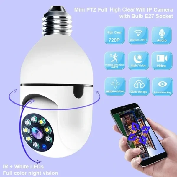 V380 Pro Full HD 1080P WiFi LED Bulb Camera – Night Vision, 360° PTZ, Two-Way Audio